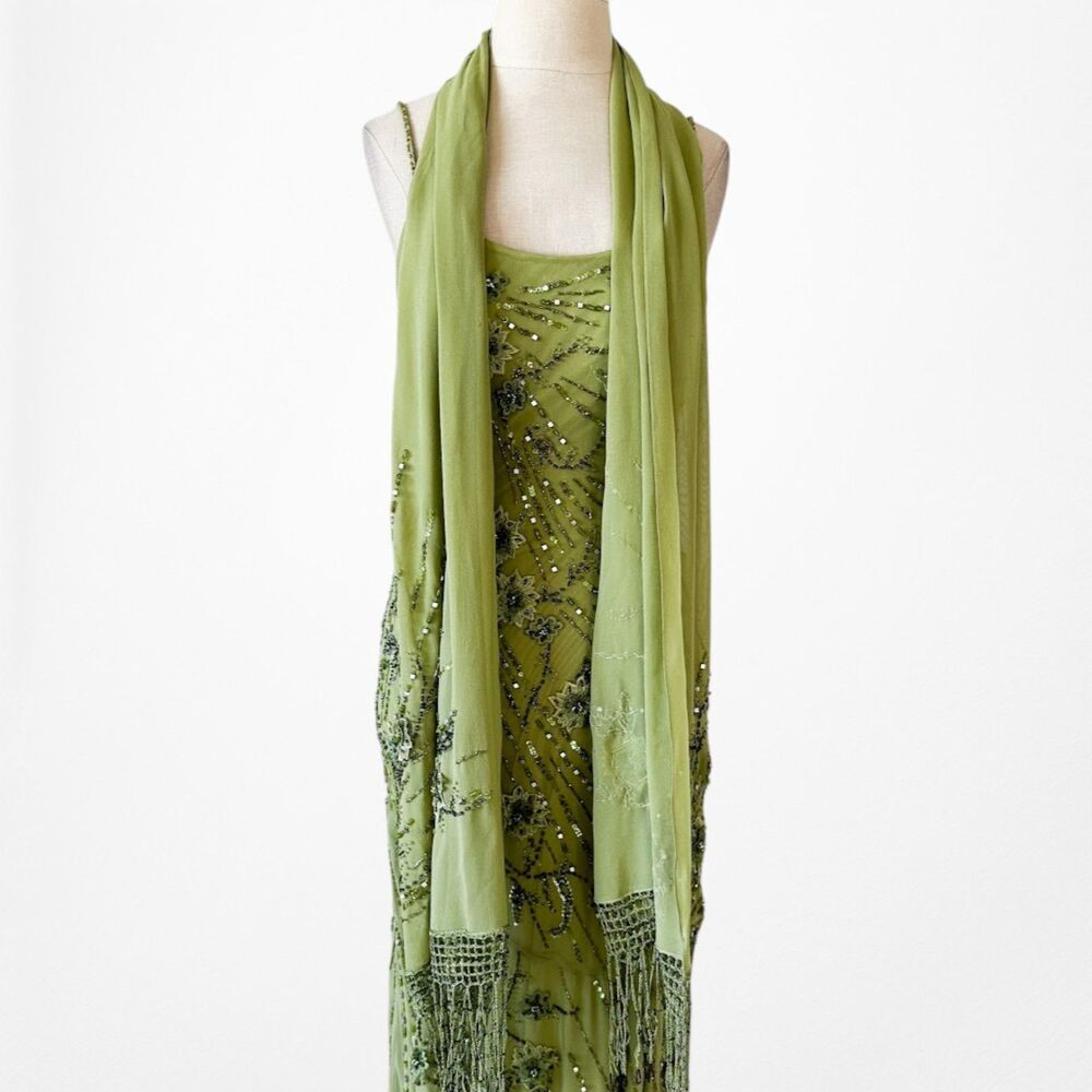 Vintage Y2K Olive Green Floral Beaded Bodycon Prom Shawl Dress Size S - Picture 10 of 17